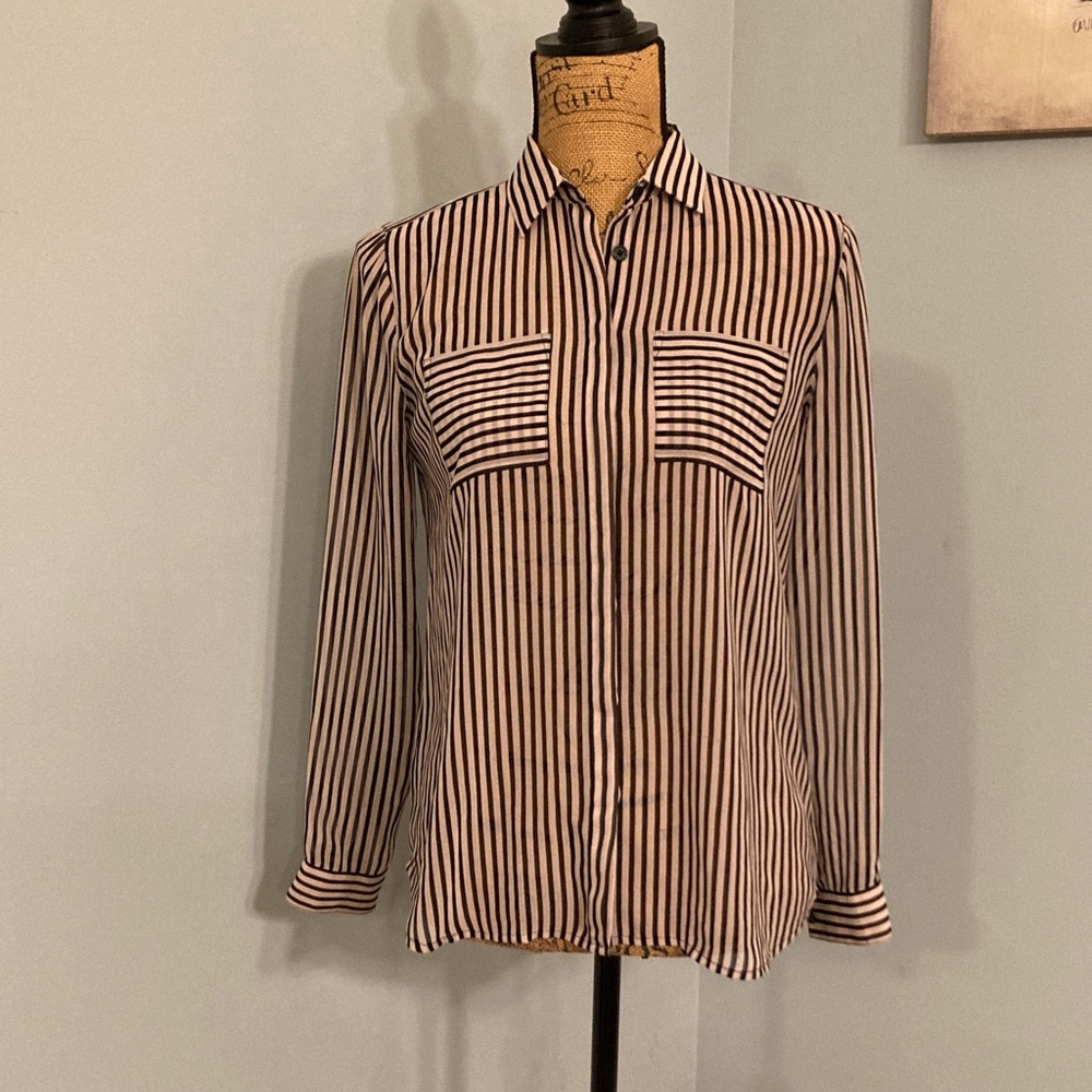 LOFT Petites Sheer Striped Button-Up Blouse Women Size SP